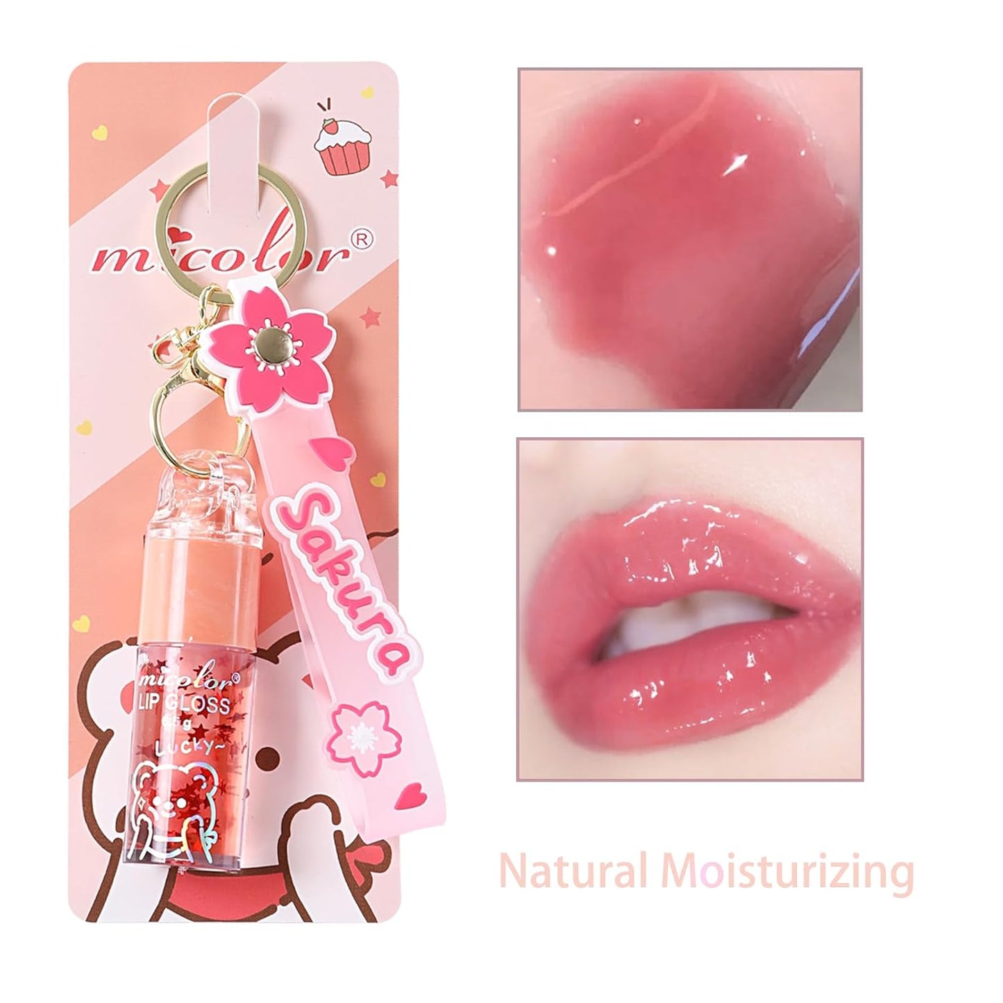 Hydrating Lip Gloss Set - Glossy Shimmer Finish | 3 Colors with Natural Moisturizing Formula & Sakura Keychain Design