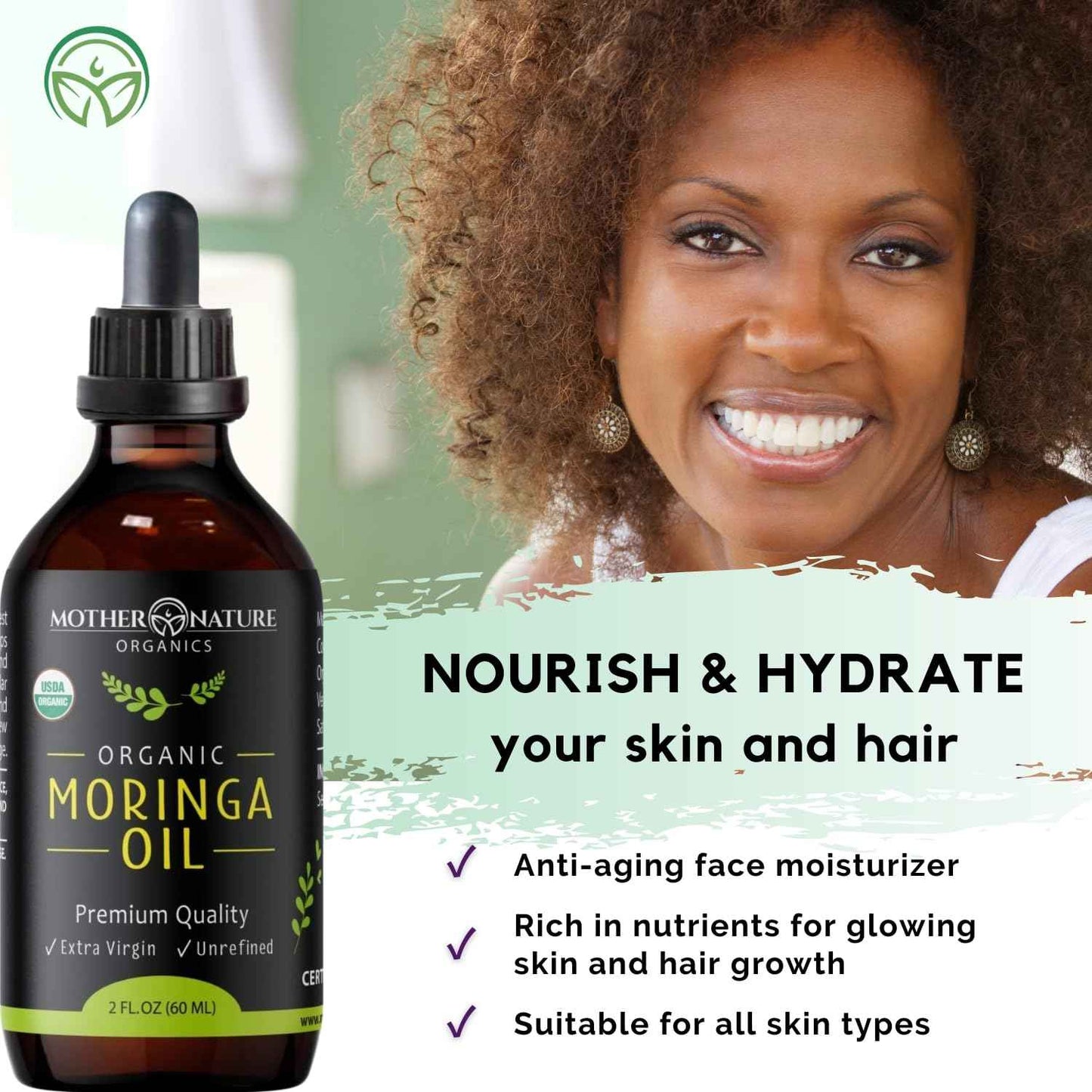 Moringa Oil - USDA Certified Organic, 100% Pure, Cold Pressed & Unrefined Gluten Free Oil (2oz) - Natural Moisturizer for Skin, Face, Body & Hair - Non-GMO & Vegan