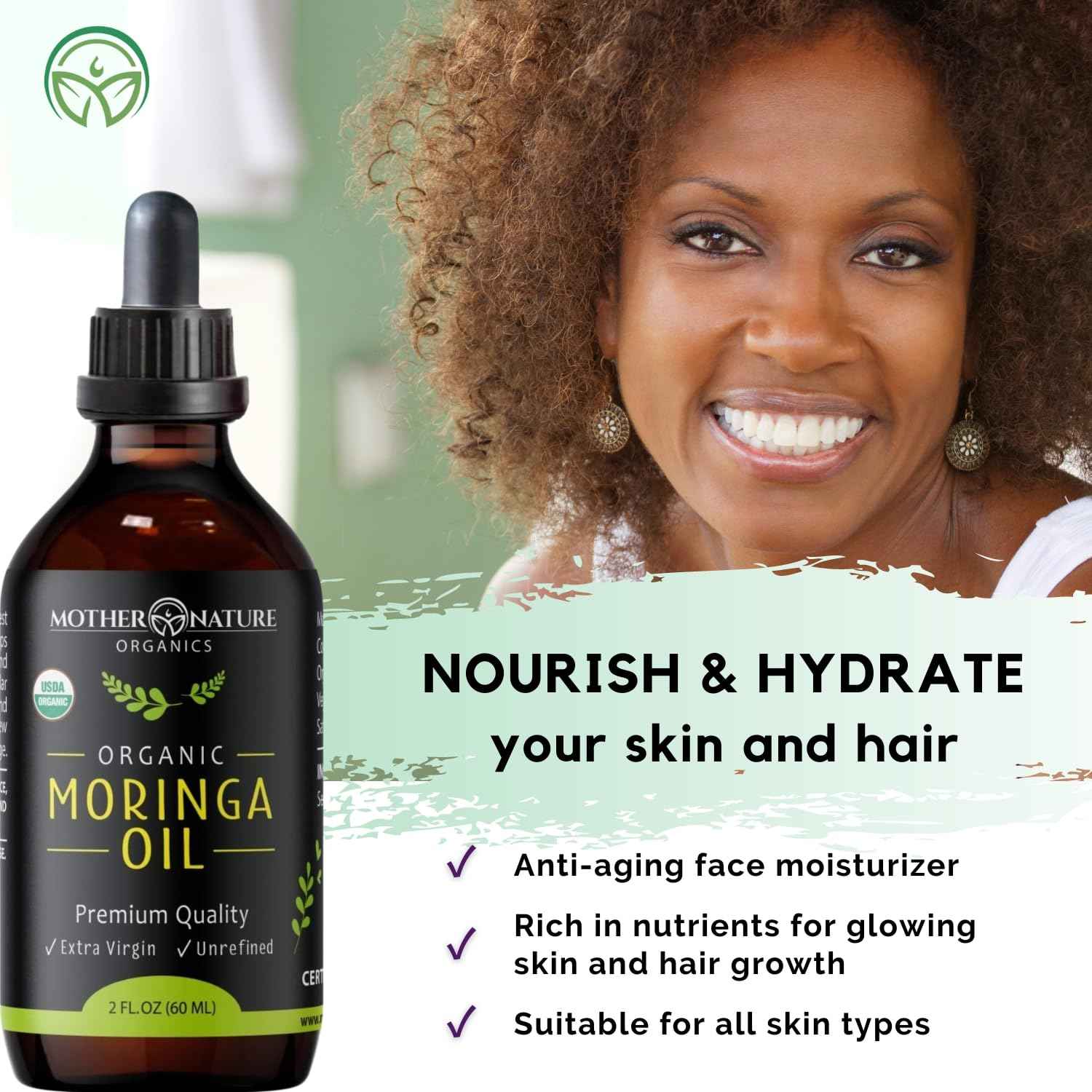 Moringa Oil - USDA Certified Organic, 100% Pure, Cold Pressed & Unrefined Gluten Free Oil (2oz) - Natural Moisturizer for Skin, Face, Body & Hair - Non-GMO & Vegan