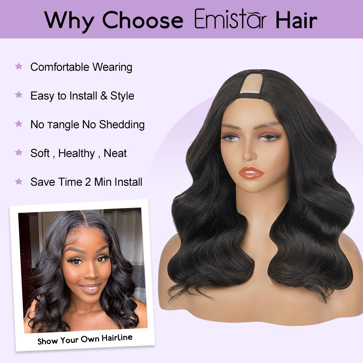 Short Wavy V Part Wigs For Black Women, Wear&Go Upgrade U Part Bob Wig, Glueless Half Wig Heat Resistant Synthetic Hair Soft As Human Hair (Black, 12 Inch)