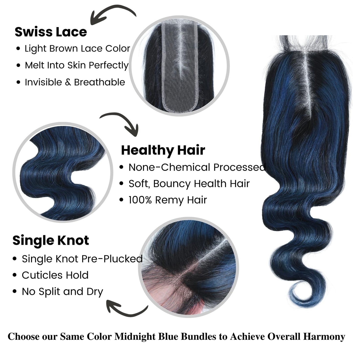 ALHER Black Mix Blue Highlight Body Wave Long Deep Part 2x6 Lace Closure, #1B/Blue Colored 2x6 Kim K Lace Closure Pre Plucked with Baby Hair, 12A 100% Brazilian Virgin Remy Human Hair 14 Inch
