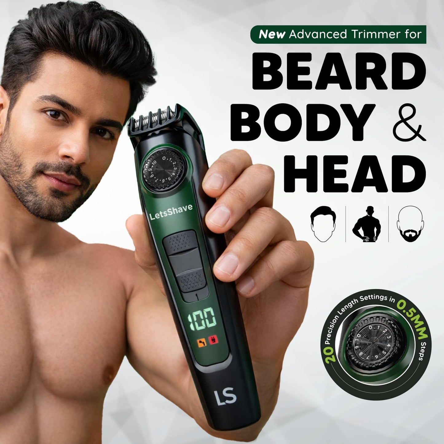 LetsShave Head, Body & Beard Trimmer for Men | Mens Full Body Hair Trimmer | Cordless | Stainless Steel Blade | Length Settings | Fast Charging Trimmer Men Black