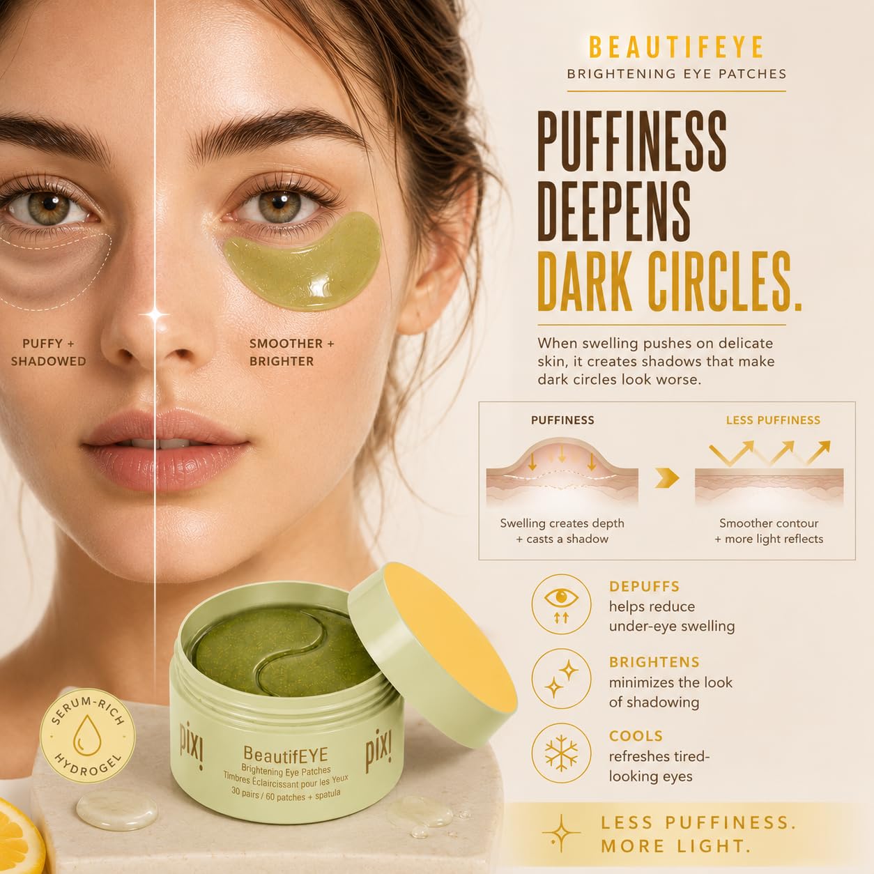 Pixi BeautifEYE Hydrogel Under-Eye Patches | Brightening Eye Patches For Dark Circles | Treat Uneven Under Eyes + Dullness | Vit C, Niacinamide | 60 Patches