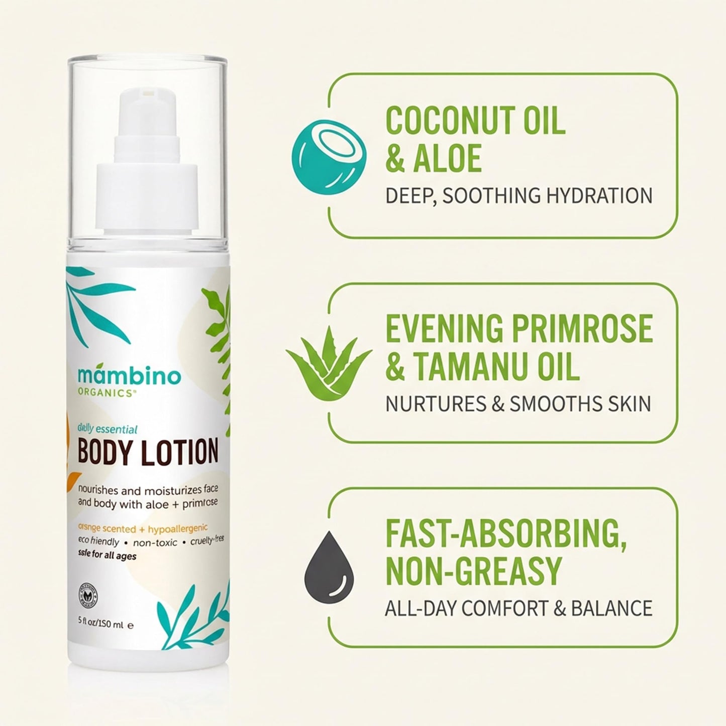 Mambino Organics Daily Essential Face & Body Lotion, Hydrating Body Lotion with Coconut, Aloe & Tamanu Oil, Lightweight Moisturizer for Dry Skin, Vegan & Cruelty-Free Skin Care, 5 fl oz (3-Pack)