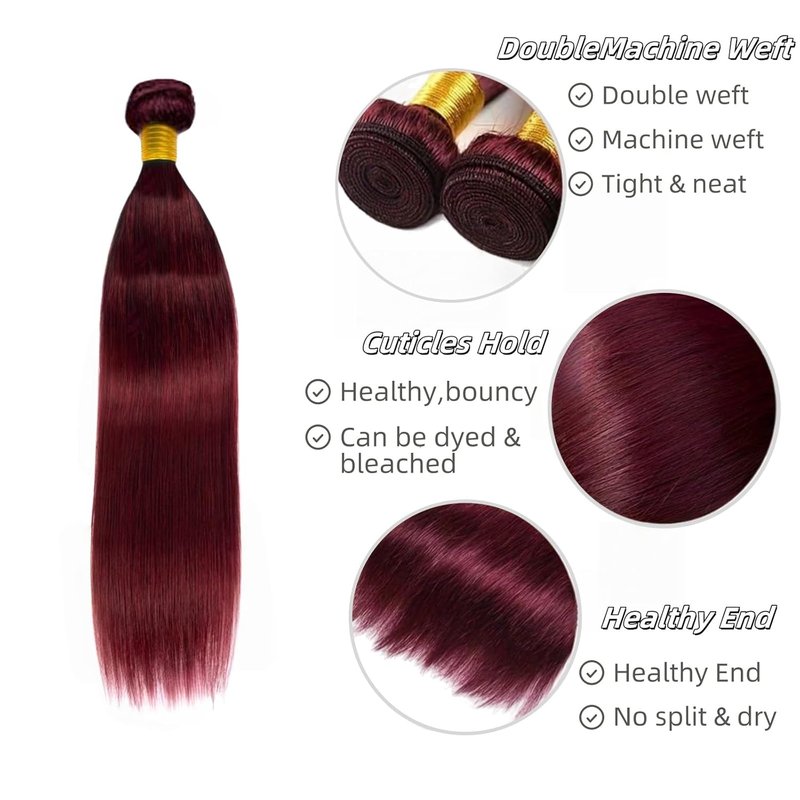 99J Burgundy Straight Hair Weaves | 20-Inch 8A Brazilian Virgin Human Hair, Unprocessed & Free Part