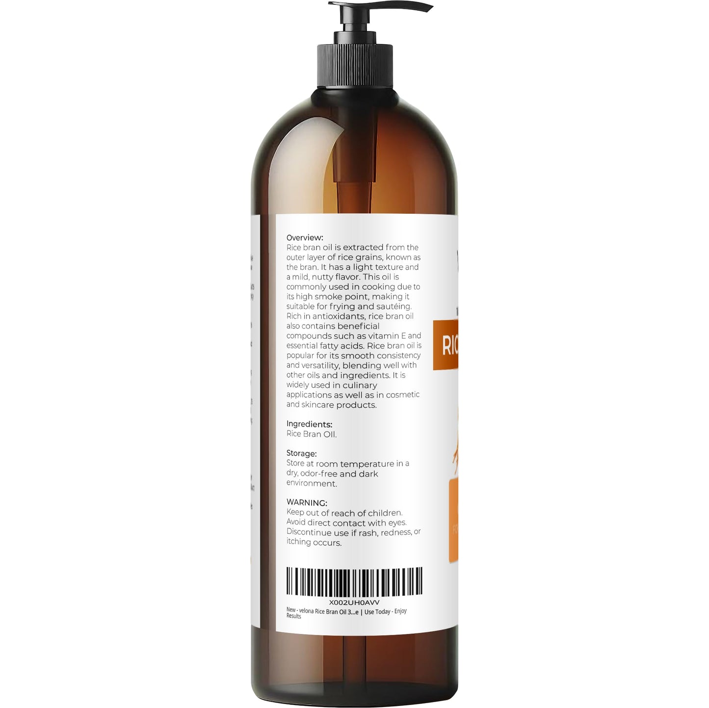velona Rice Bran Oil 32 Fl Oz | 100% Pure and Natural Carrier Oil | Refined, Expeller Pressed | Cooking, Face, Hair, Body & Skin Care | Use Today - Enjoy Results