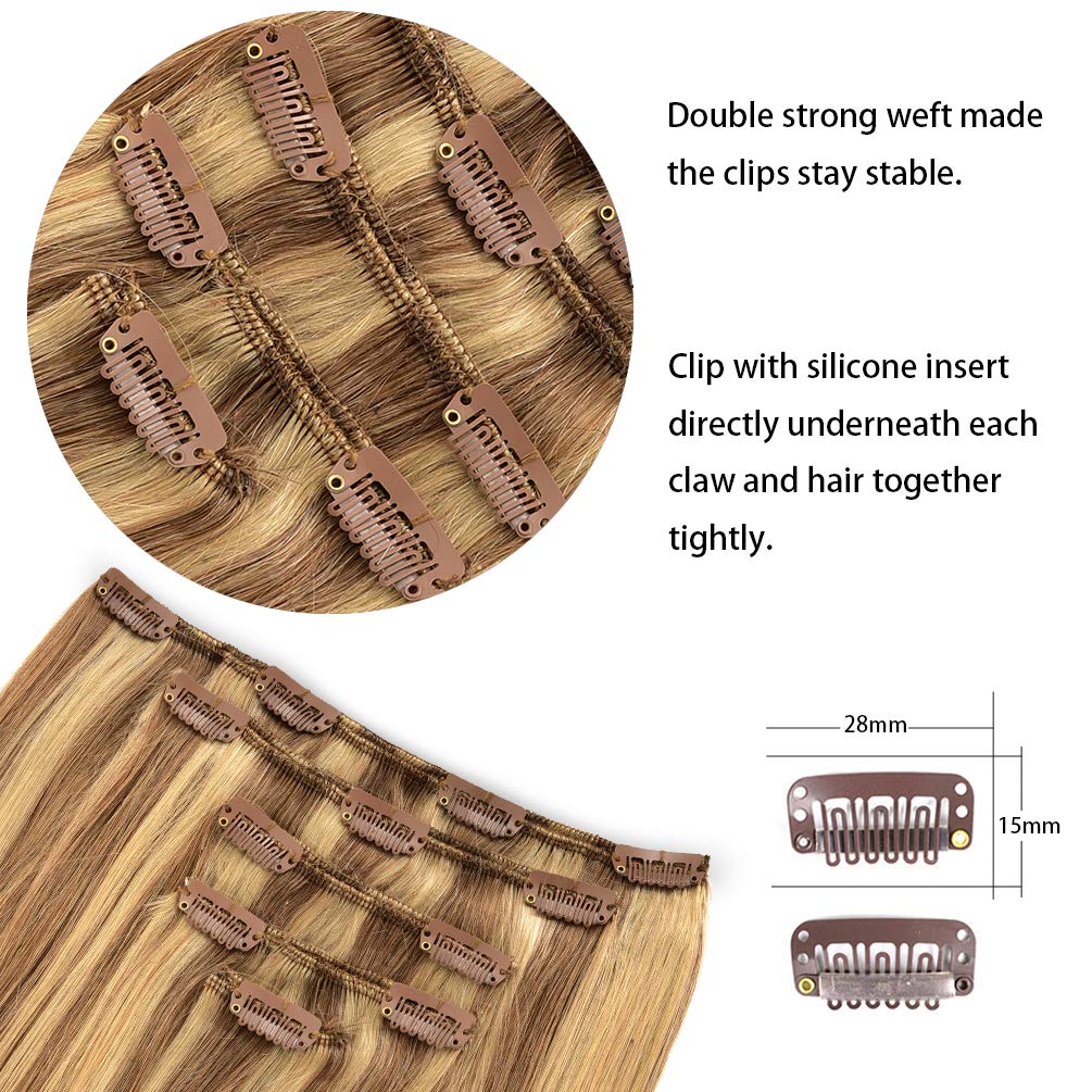 5 Pieces 12" Remy Clip in Ombre Hair Extensions Human Hair Light Blonde Mixed Golden Blond Highlights - Silky Straight Long Thick Real Hair Extensions for Women Fashion (12 inches, #16/22, 60grams)