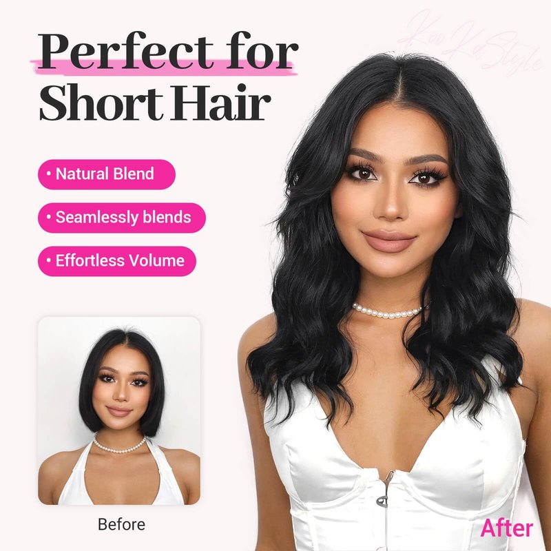 KooKaStyle 14 Inch Clip in Hair Extensions, 6 Pieces Short Hair Extensions,Wavy Synthetic Hairpieces Invisible Lace Weft, Natural Looking Lightweight Thick Hair Pieces for Women Daily Wear, Black