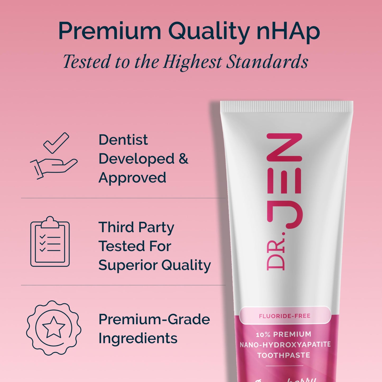 Dr. Jen Fluoride Free Toothpaste with 10% Premium Nano Hydroxyapatite, Xylitol & Glycerin, Remineralizing Daily Oral Care for Sensitive Teeth, Travel Essentials, Strawberry, 1 Pack