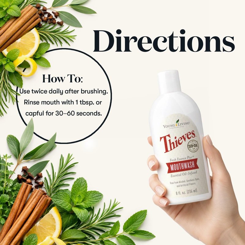 Young Living Thieves Fresh Essence Plus Mouthwash | 8 fl oz | Alcohol-Free and Fluoride-Free | Enhanced with Essential Oils | Peppermint, Rosemary, Lemon, & Cinnamon Oils