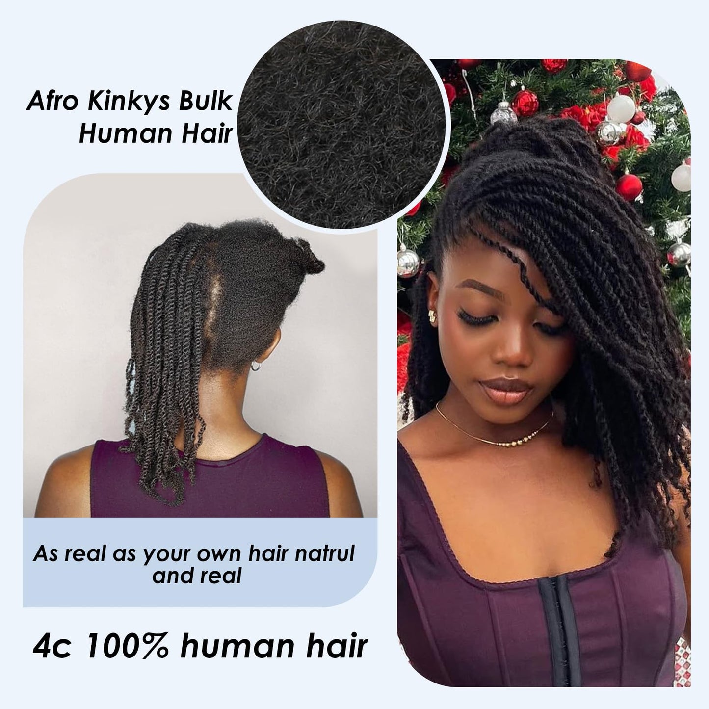 Afro Kinkys Bulk Human Hair,12 Inch 50g/Pack Afro Kinky-Curly Human Hair Bulk for Mini Twist,4c Auburn Brown Bulk Human Braiding Hair For Micro,Crochet,Repair, Dreadlocks,Locs Extensions #30