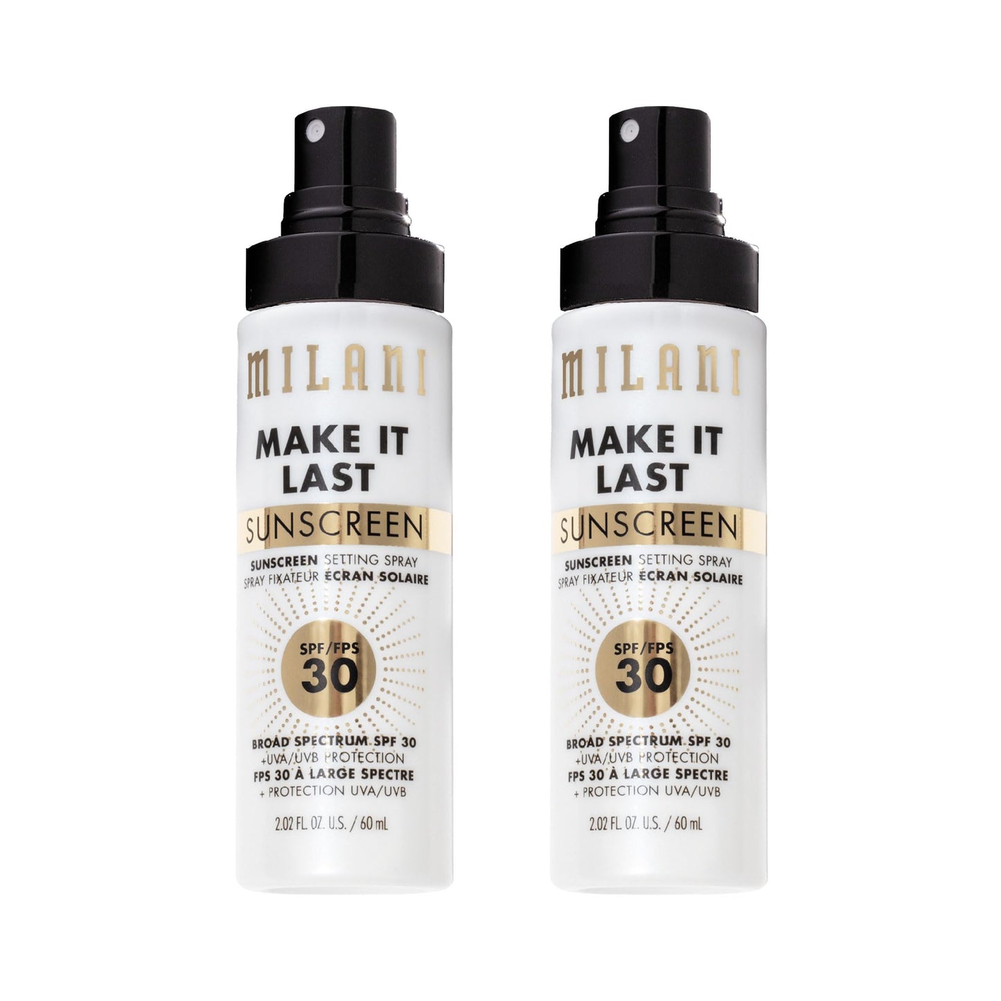 Milani Sunscreen Setting Spray + Primer, Make It Last Sunscreen for Face- SPF 30 UVA & UVB Protection Antioxidant Rich Formula for Broad Spectrum Protection, Prime + Set + Protect, 2.02Fl. Oz - 2 Pack