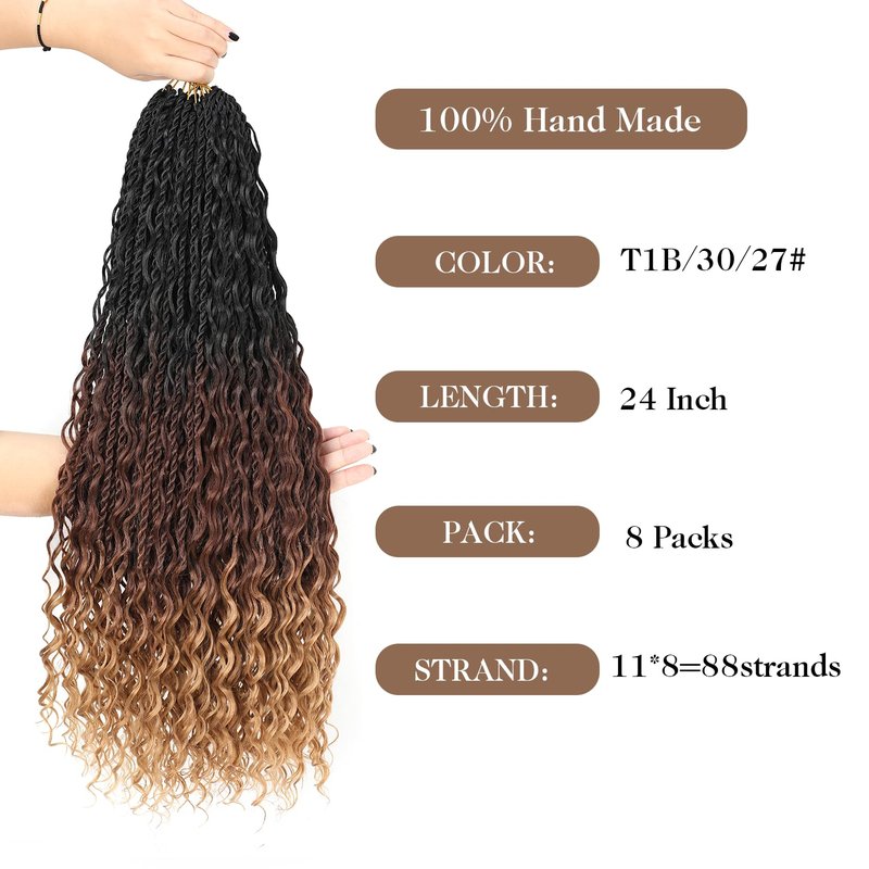 Boho lsland Twist Crochet Hair 24 Inch 8 Packs Ombre Auburn Blonde Pre-Looped Senegalese Twist Crochet Braids with Curly Ends Synthetic Goddess Twist Crochet Hair for Black Women (1B/30/27 24 INCH）