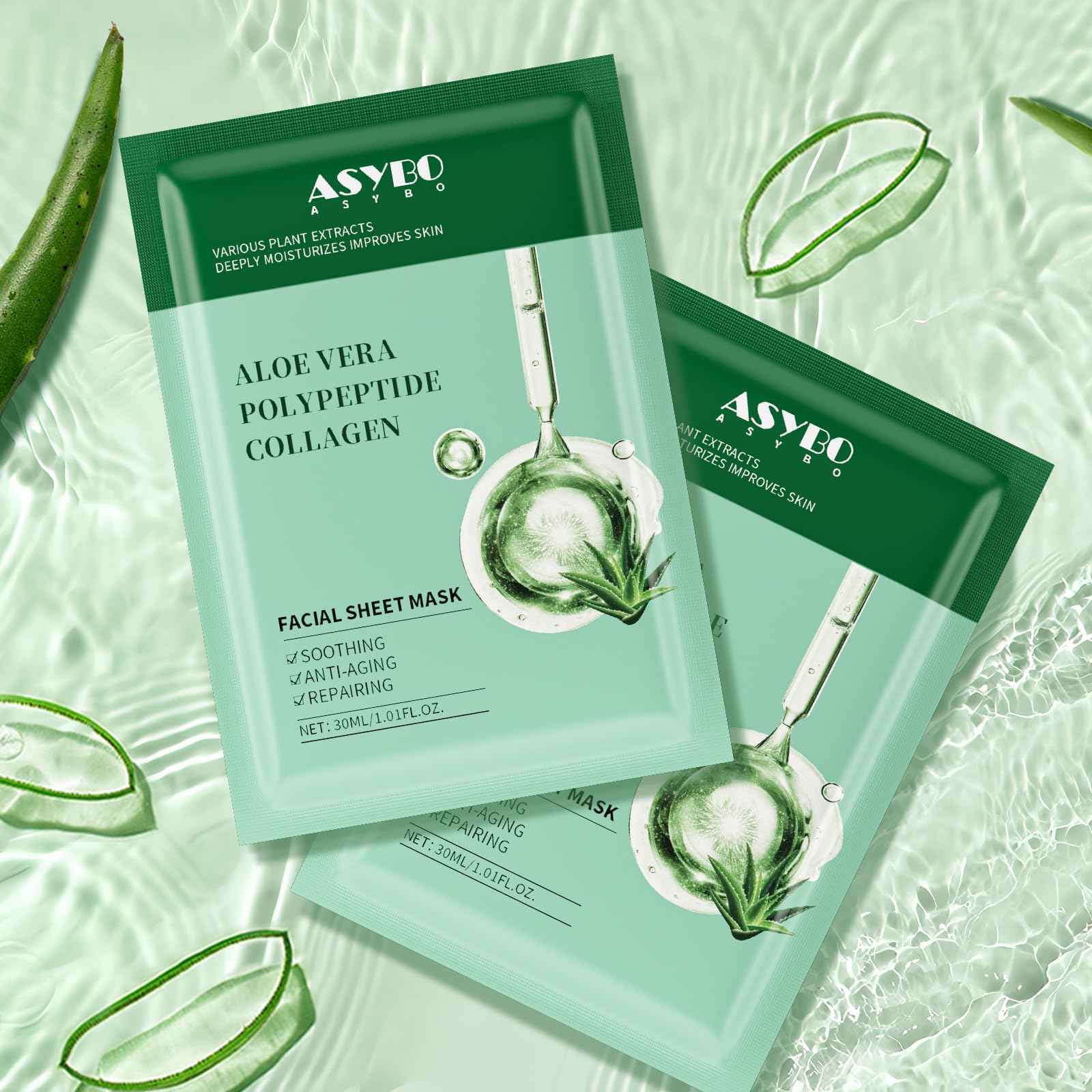 ASYBO Pack of 20 Collagen Face Mask, Aloe Vera Polypeptide Collagen Facial Masks Skincare, Moisturizing Facial Sheet Mask for Acne, After Sun, Claming, Anti-Aging and Anti-Wrinkle