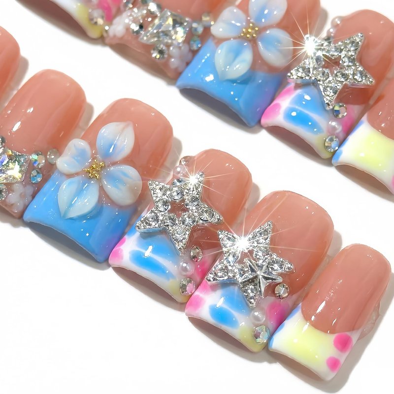 Handmade Duck Press On Nails 10Pcs Colorful French Duck Nail Shape, Nude Pink 3D Flower & Star Press On Nails with Rhinestones, Trendy Handmade Duck Nails for Women Girls