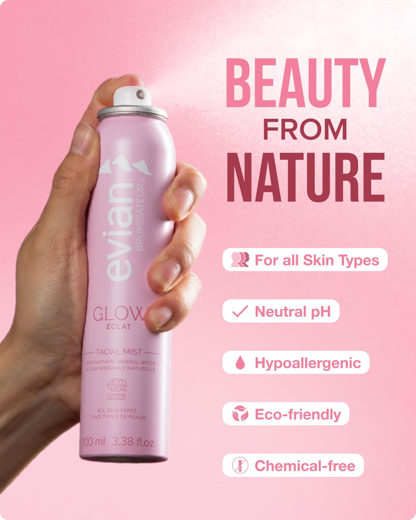 Evian Glow Facial Mist | Hydrating Mineral Water Face Spray with Aloe & White Tea | Dewy Setting Mist & Toner for Glowing Skin | Facial Spray to Refresh, Balance, & Enhance Makeup