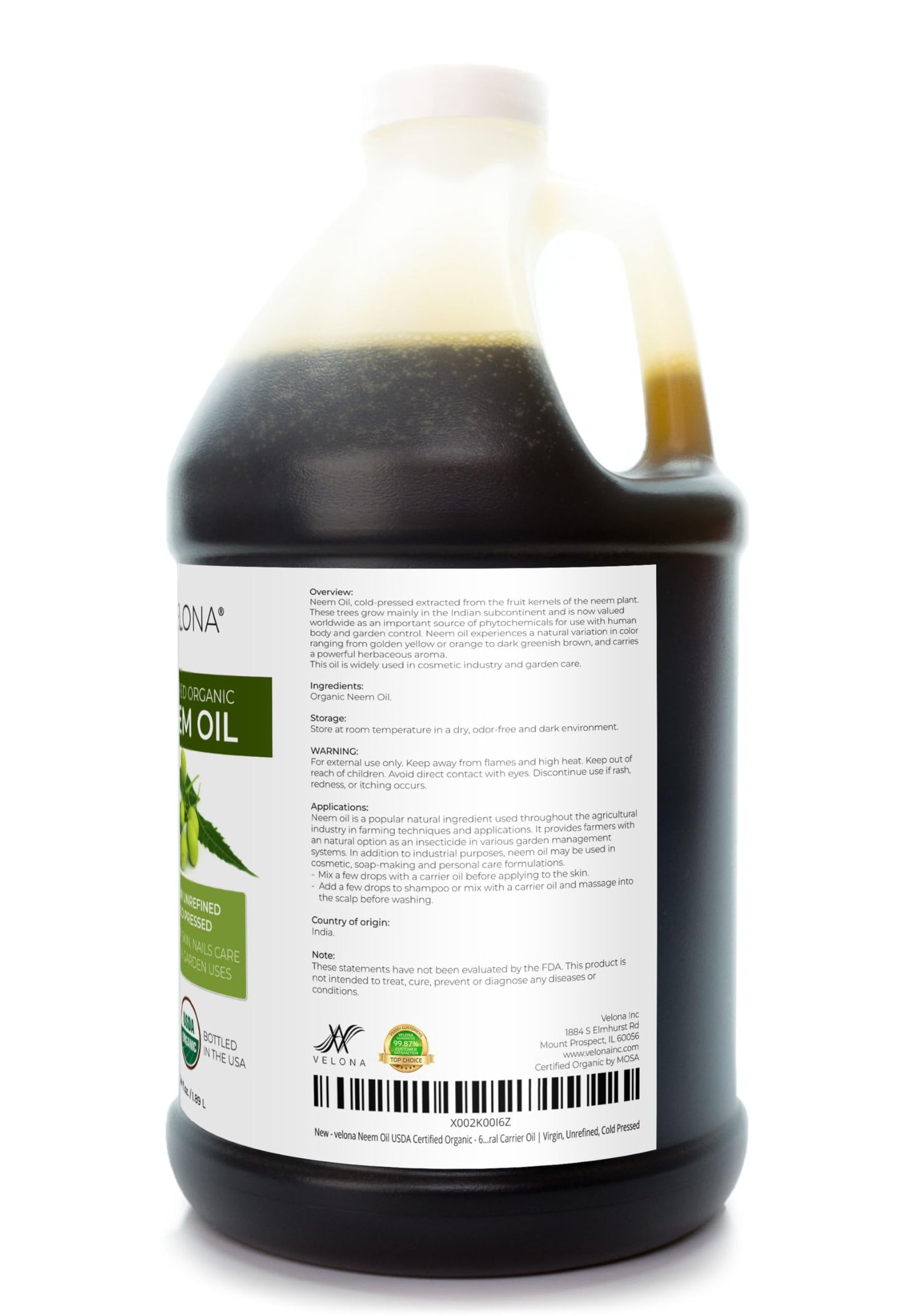 velona Neem Oil USDA Certified Organic - 64 Fl Oz | 100% Pure and Natural Carrier Oil | Virgin, Unrefined, Cold Pressed | Hair, Body and Skin Care | Use Today - Enjoy Results