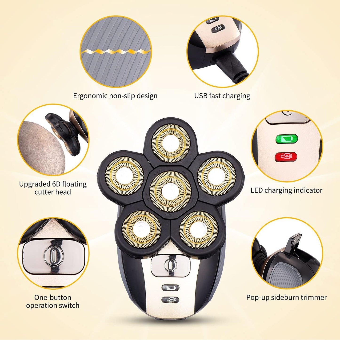 Multifunctional Bald Head Shaver - Waterproof Cordless Electric Razor Grooming Kit for Men | Gold Finish