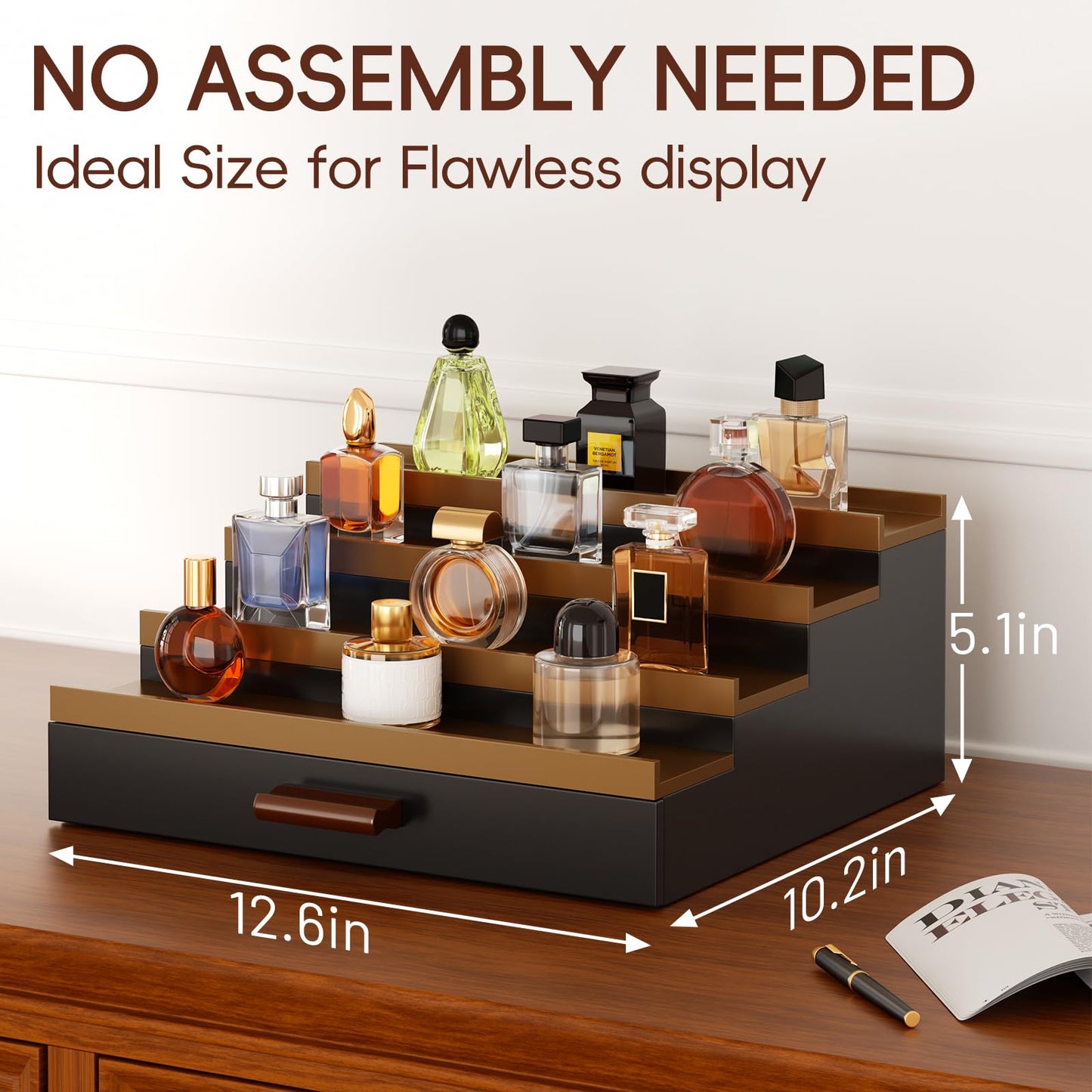 4 Tier Cologne Organizer for Men, Wooden Cologne Stand, Perfume Display Stand with Felt Lining Drawer & 2 Hidden Compartments, Gift for Men, Walnut