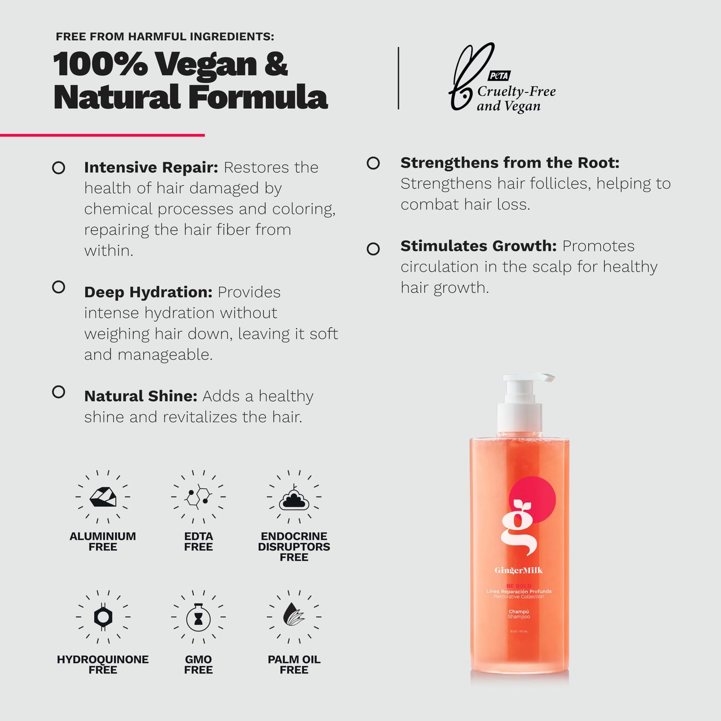 Ginger Milk Natural Care Intensive Repair Shampoo for Dry / Damaged Hair due to Coloring, Chemical Processes, hot styling tools and dryers | BE BOLD
