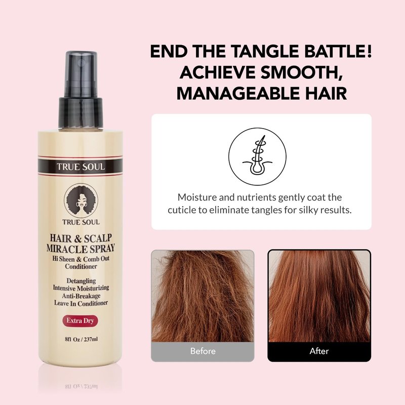 TRUE SOUL Hair and Scalp Miracle Spray Leave-In Conditioner & Detangler for Braids, Locs, Curly & Textured Hair with Castor Oil, Moisturizing Spray for Dry Itchy Scalp, 8 fl oz