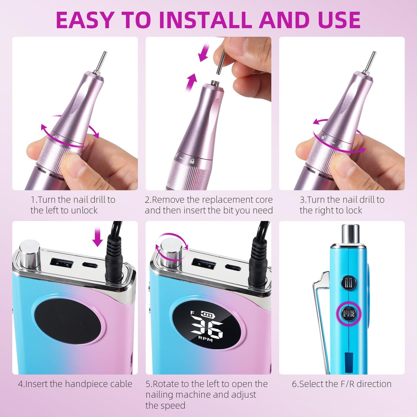 Electric Nail Drill Professional:40000RPM Electric Nail Drill Machine,Rechargeable Nail Efile for Acrylic Gel Nails, Manicure Pedicure Polishing Shape Tools for Salon Home Use