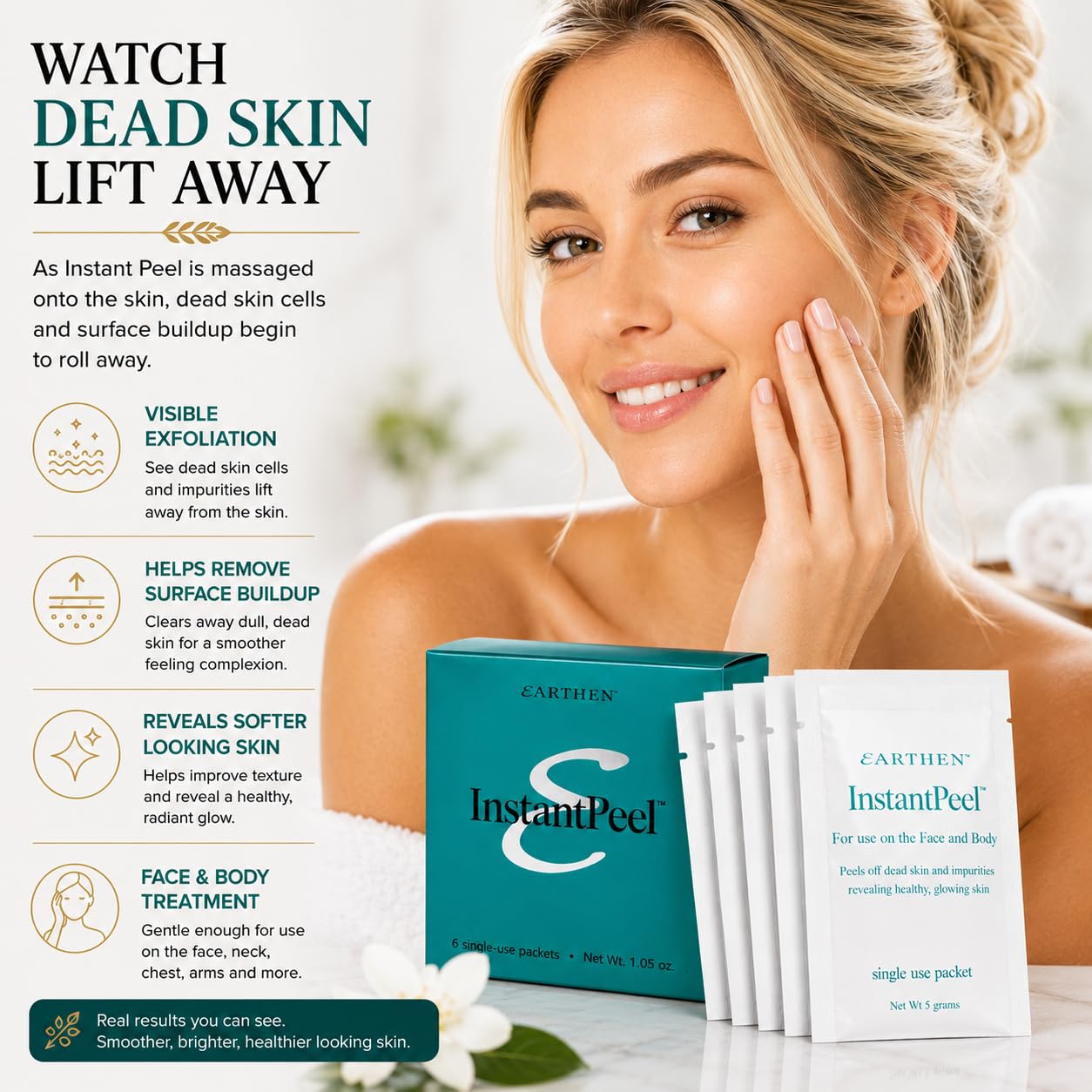 Earthen Instant Peel Exfoliating Packets 2 Pack – Gentle Face & Body Exfoliator for Smooth, Glowing Skin – Removes Dead Skin Cells Without Harsh Acids – Single Use Treatment, 12 Count Total