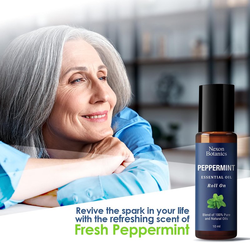 Peppermint Essential Oil Roll-On 10 ml - Pure, Natural & Prediluted Blend with Fresh Minty Aroma - Roller for Aromatherapy & Headache Relief - Nexon Botanics