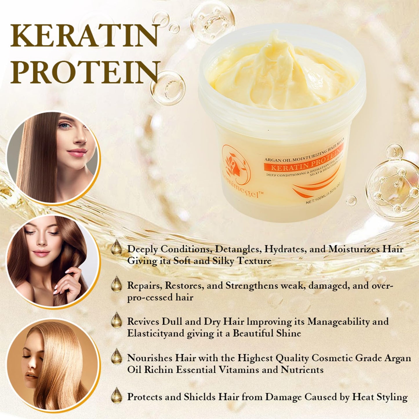 Aomimegel Collagen Hair Mask,Deep Repair Conditioning Argan Oil Hair Mask for Damaged Hair Treatment, Deep Conditioner Hydrating Hair Masque for All Hair Types 3.38 oz 100ml