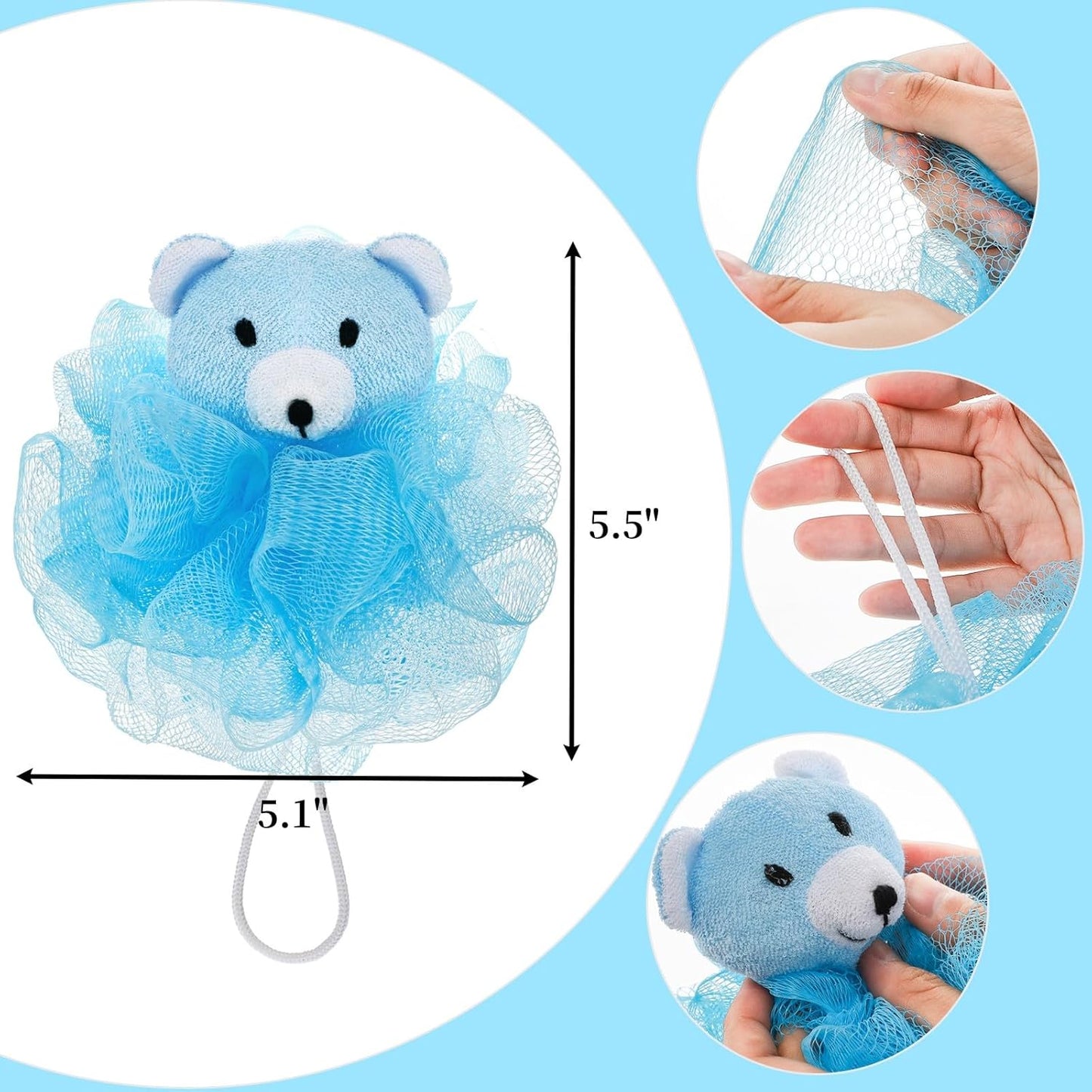 Kids Bath Loofahs - 15 Pack Cute Cartoon Animal Exfoliating Sponges | Small Travel Shower Poufs