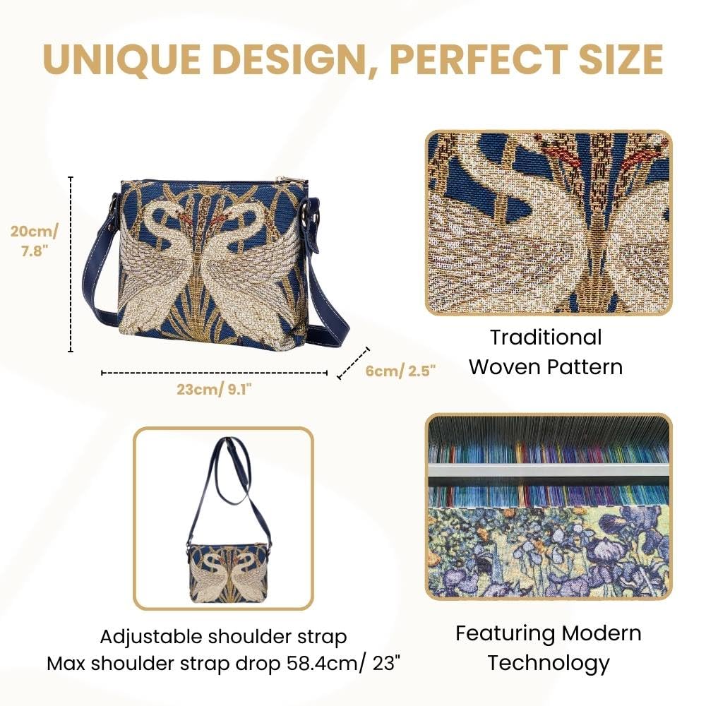 Signare Tapestry Crossbody Bag Shoulder Purse for Women In Walter Crane Swan Design (XB02-ART-WC-SWAN)