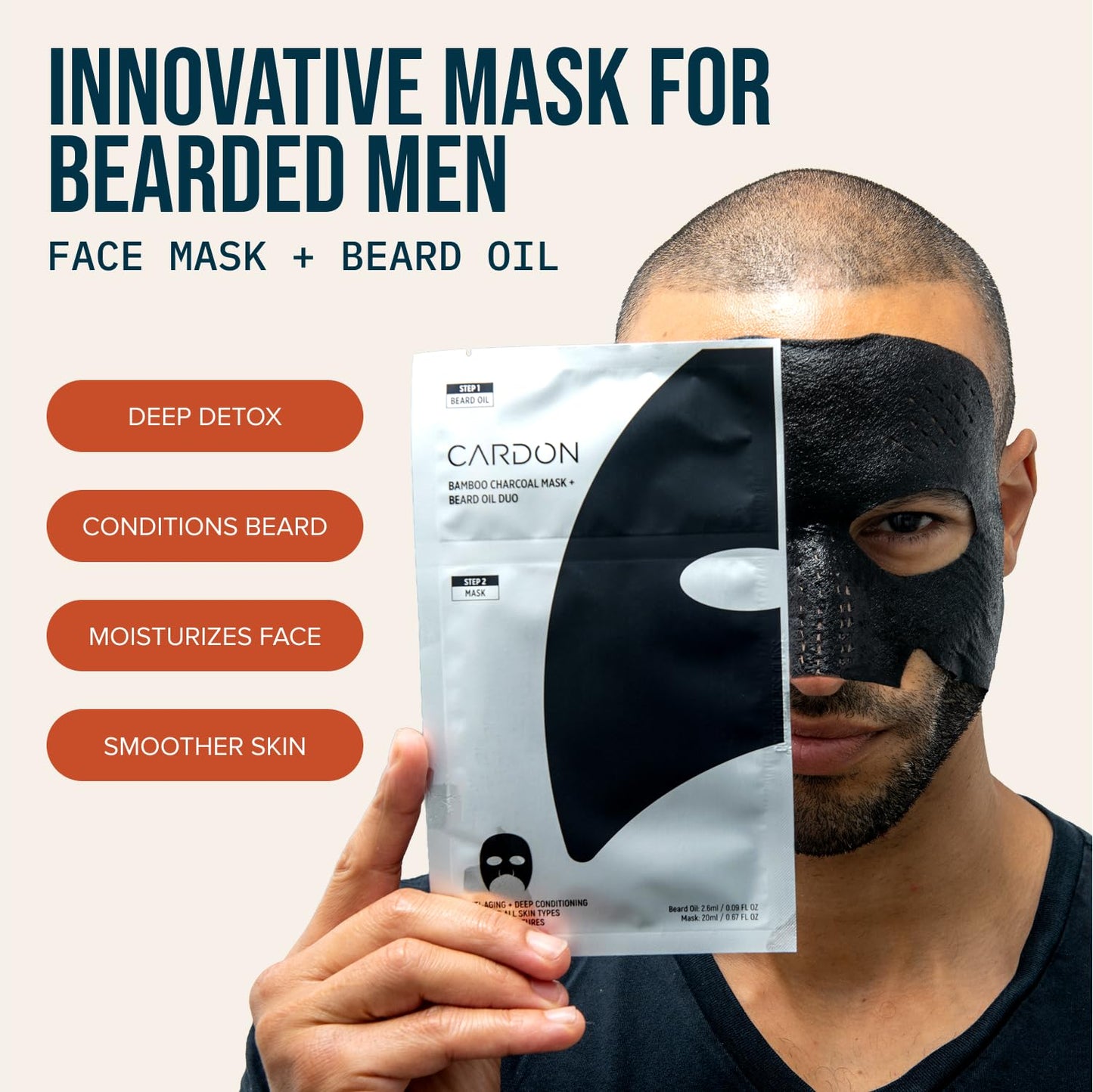 Cardon Complete Face & Beard Care Sheet Masks for Men - Korean Face Masks Skincare with Bamboo Charcoal Detox + Premium Beard Oil - 4 Pack for Deep Hydration, Anti-Aging & Post-Shave Comfort