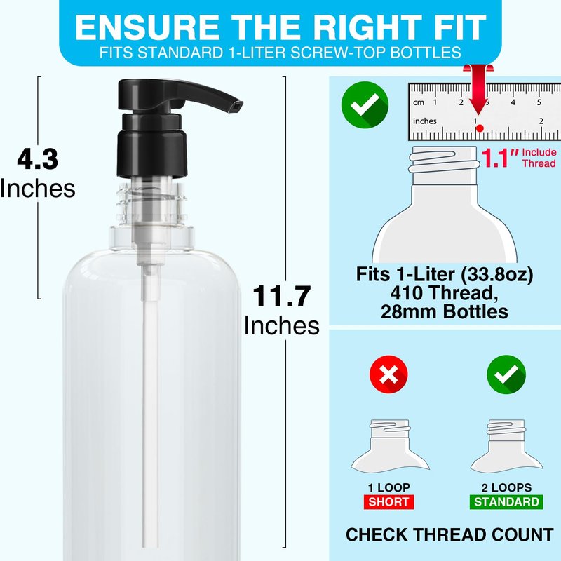 4-Pack Shampoo Pump for Liter 33.8 oz Shampoo and Conditioner Pump Dispenser Fits Most Salon Bottles with 1.1 inch Opening, Black & White Replacement Pump Top for Soft Hair Product,Body Wash,Lotion