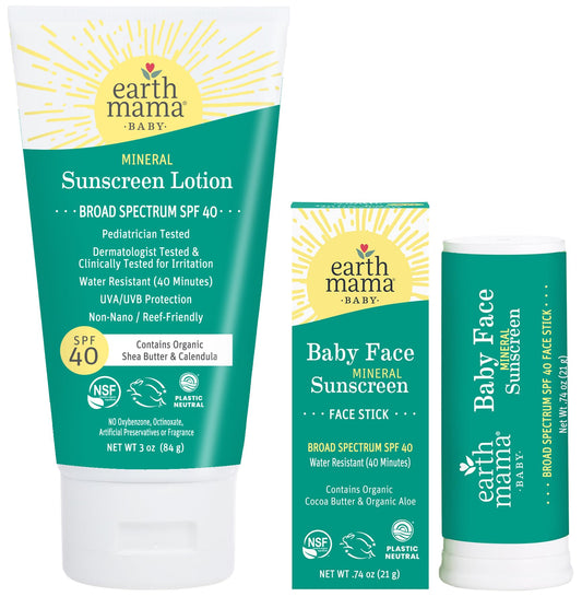Earth Mama Baby Mineral Sunscreen Lotion & Face Sunscreen Stick Set SPF 40 - Non-Nano Zinc - Broad Spectrum for Babies, Kids & Family - Water Resistant Sun Protection