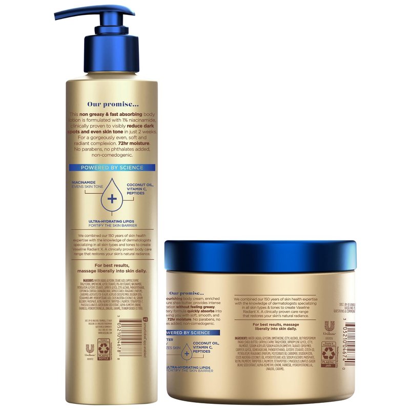Vaseline Radiant X Skin Care Set – Even Tone Nourishing Body Lotion with 1% Niacinamide + Deep Nourishment Body Cream with Shea Butter & Vitamin C (2 Piece Set)