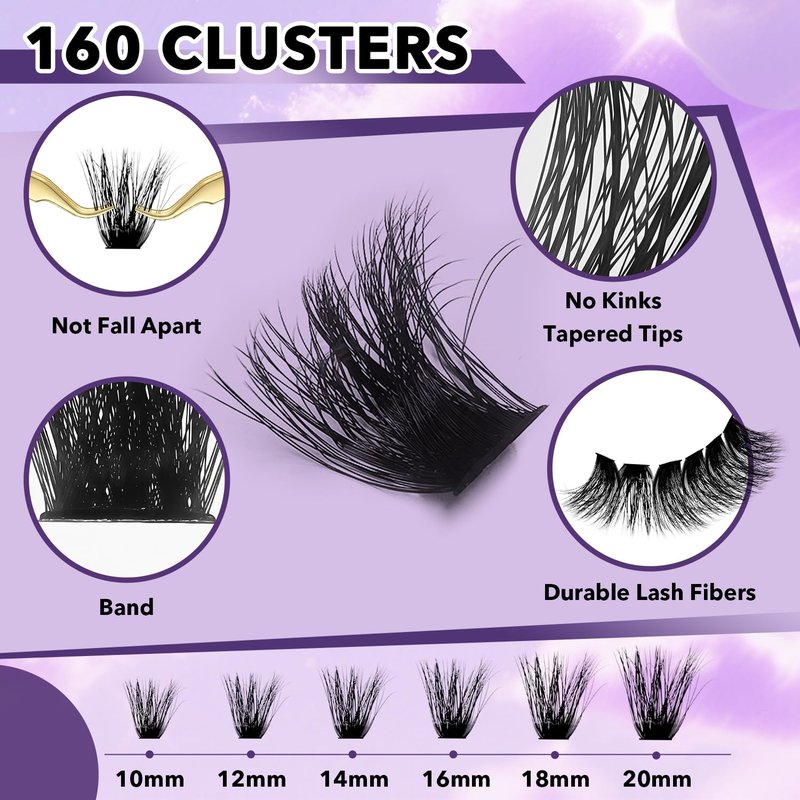 FEEGO Lash Extension Kit 100D/ 200D Fluffy 10-20MM D Curl Lash Clusters Eyelash 160pcs Extension Kit Individual Double headed mascara brush and Seal Lash Remover Lash (200D LASH KIT)