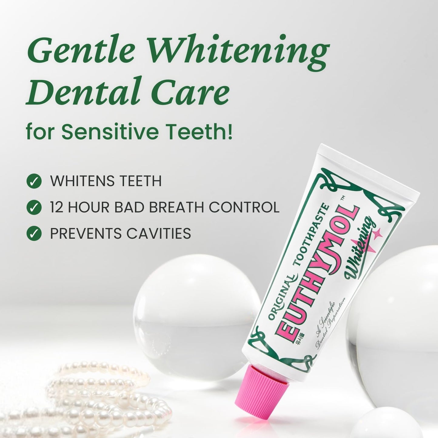 EUTHYMOL Whitening Toothpaste (3.7fl oz) - Stain Removal in 2 Weeks, Long-Lasting Freshness for Sensitive Gum & Teeth. Bad Breath, Cavity Prevention. Recyclable Aluminum Tube