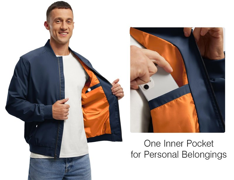 Rdruko Men's Bomber Jackets Lightweight Windbreaker Casual Stylish Fashion Coat Zip Up(Navy, US L)