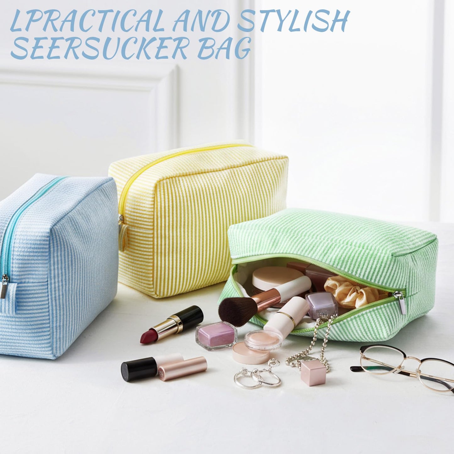 Sanwuta 3 Pcs Seersucker Makeup Bags Seersucker Cosmetic Bags Striped Women Large Travel Toiletry Organizer Preppy Storage Pouch for Embroidery Wedding Bridesmaid Gifts(Yellow, Green, Lake Blue)