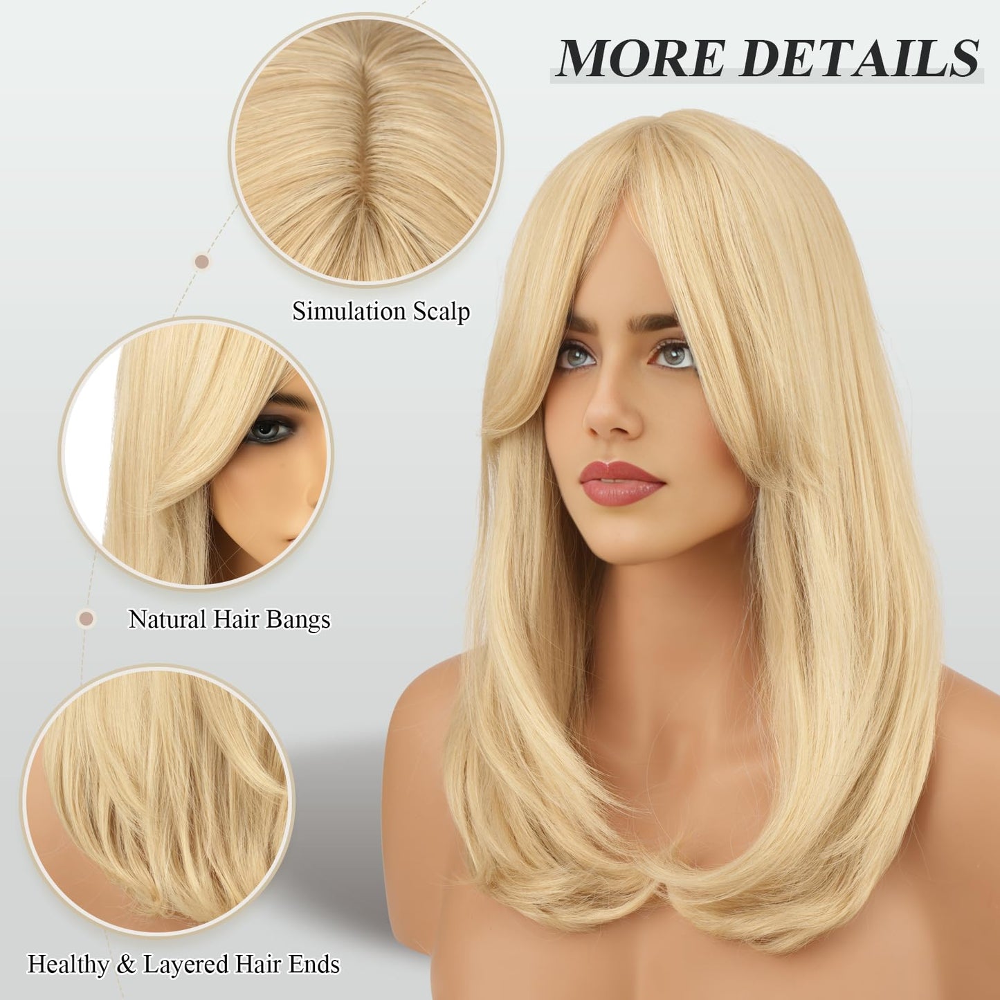 FESHFEN Blonde Wigs with Bangs - Long Layered Straight Light Blonde Natural Looking Synthetic Hair Wig for Women Daily Party Use, 18 inch