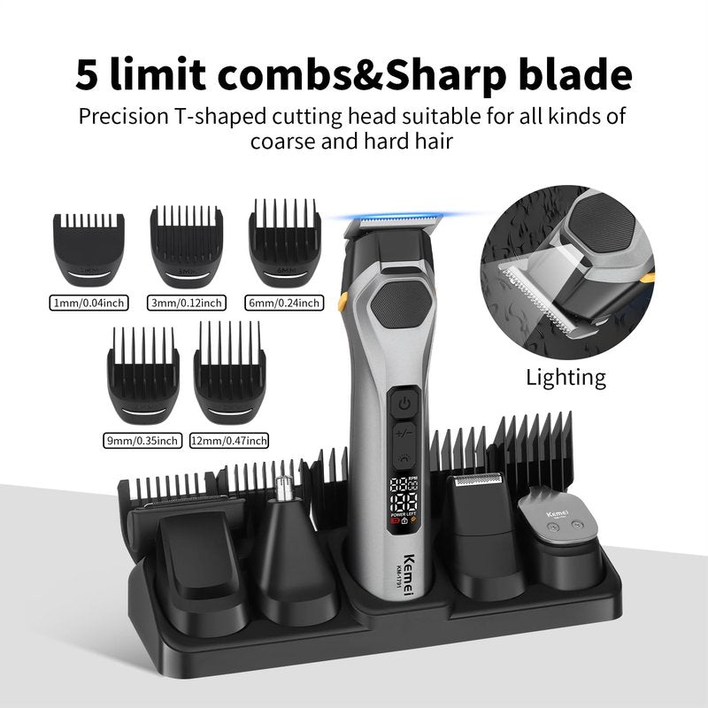 KEMEI Professions Beard Trimmer for Men Cordless IPX6 Waterproof Mens Beard Trimmer for Night Lighting Lamp Rechargeable for Nose, Body, Face and Mustache with LED Display Gifts Mens KM-1791