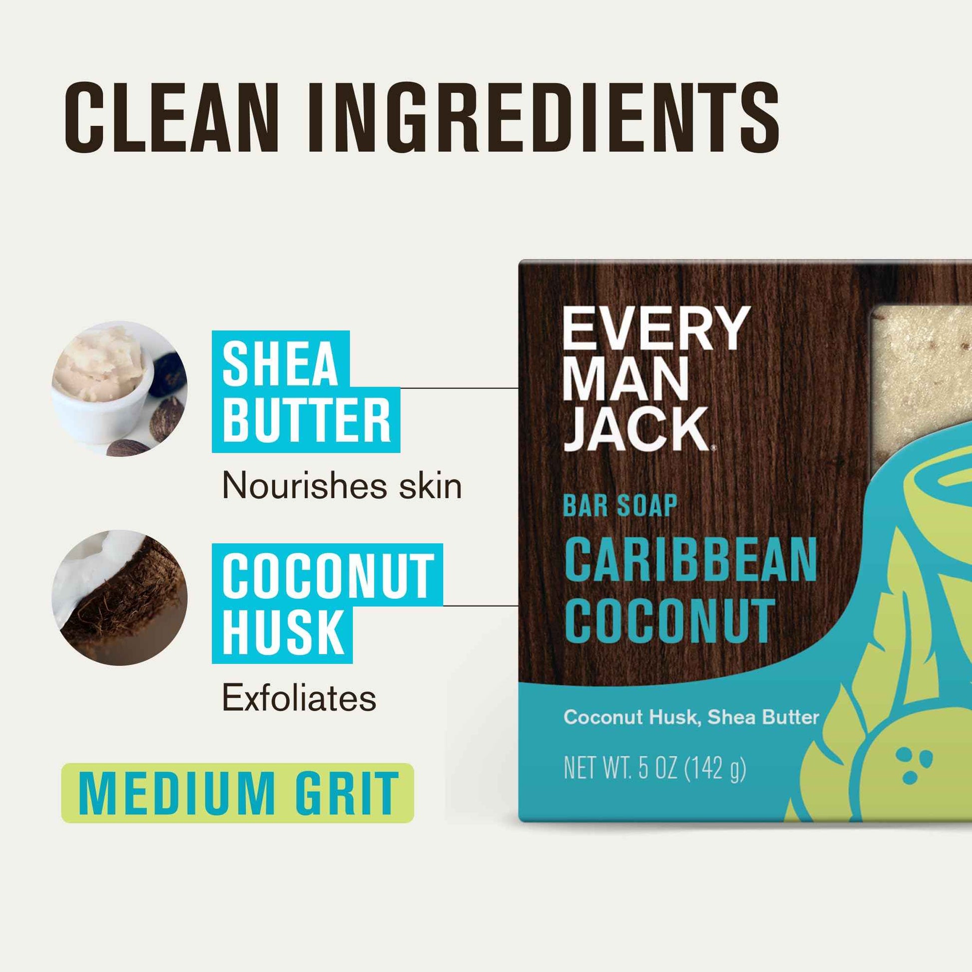 Every Man Jack Cold Processed Mens Bar Soap - Tropical Caribbean Coconut Scent - Deeply Cleans & Hydrates w/Naturally Derived Ingredients - (3 Pack)