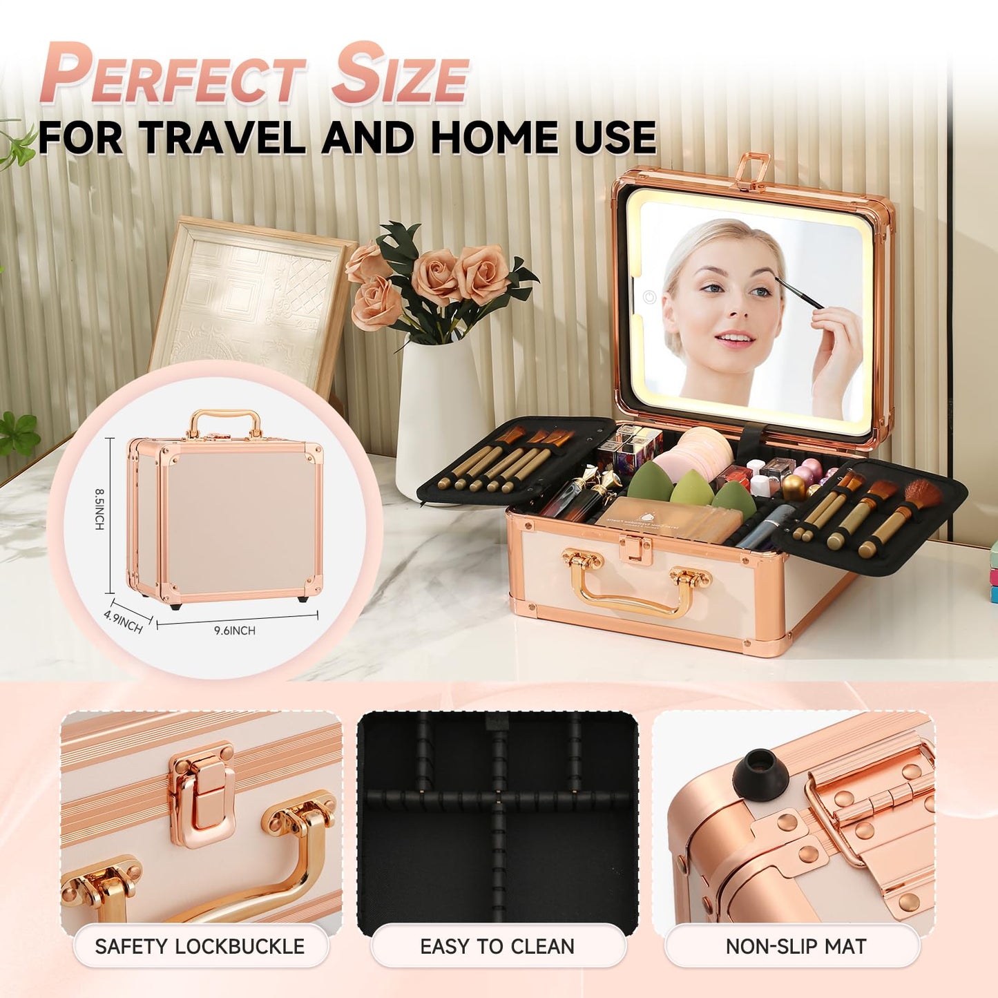 Leeora&Leekoo Makeup Box with Lighted Mirror,Portable Makeup Train Case Organizer (Off white)