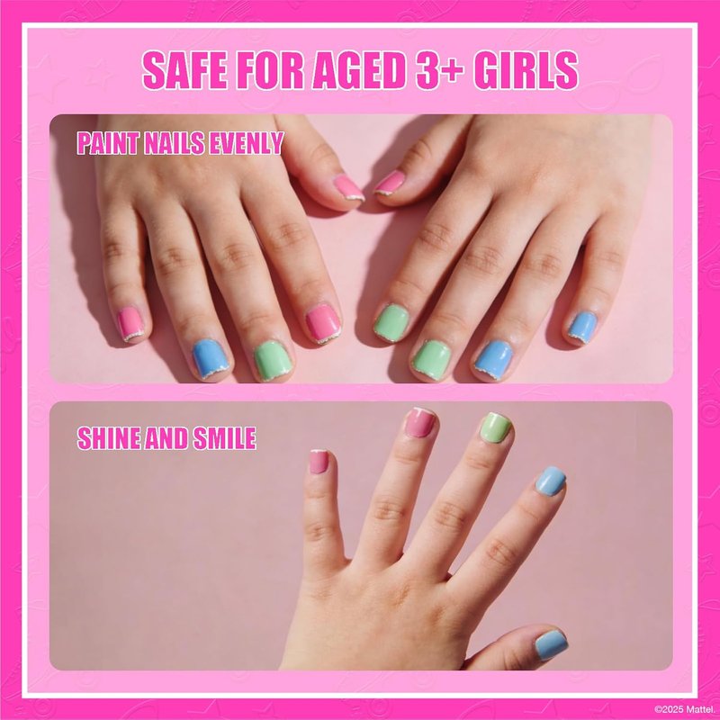 Barbie Non-Toxic Peel-Off Nail Polish Set for Kids - Safe Water-Based Formula | Includes Nail Dryer, Ages 3+