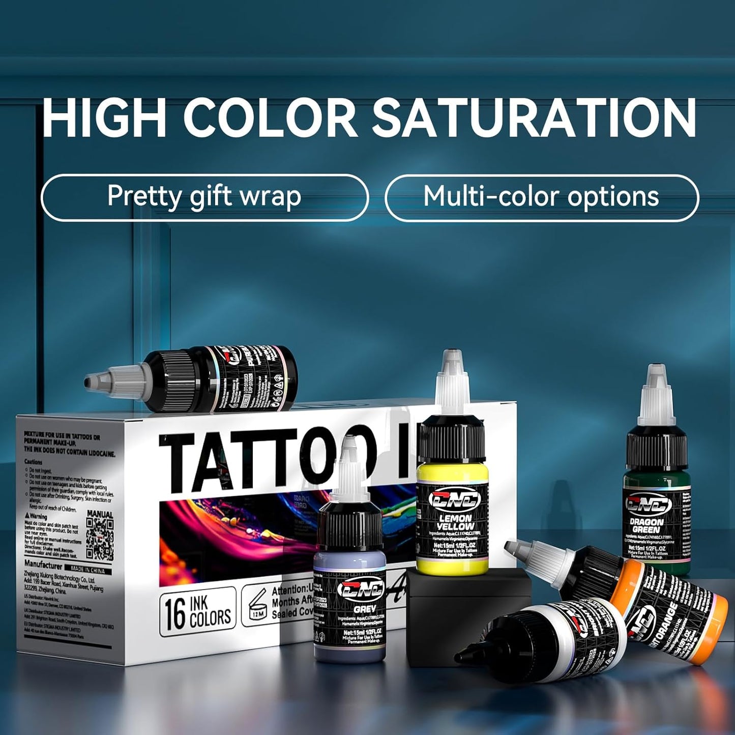 CNC Tattoo Ink Set - 16 Color Pigment Kit for Lining & Shading | 1/2oz (15ml) Bottles