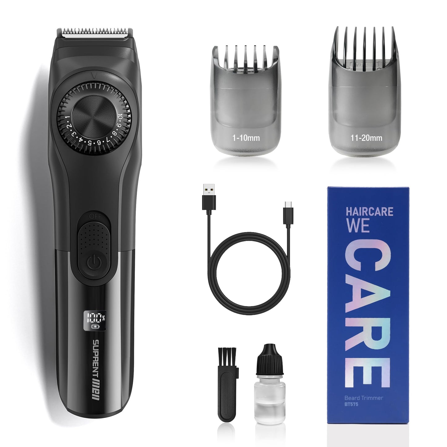 SUPRENT Adjustable Beard Trimmer for Men- Cordless Electric Beard Trimmer with Precision Dial- USB Rechargeable 19 Length Settings- Waterproof Mustache Trimmer for Mens Christmas Gifts