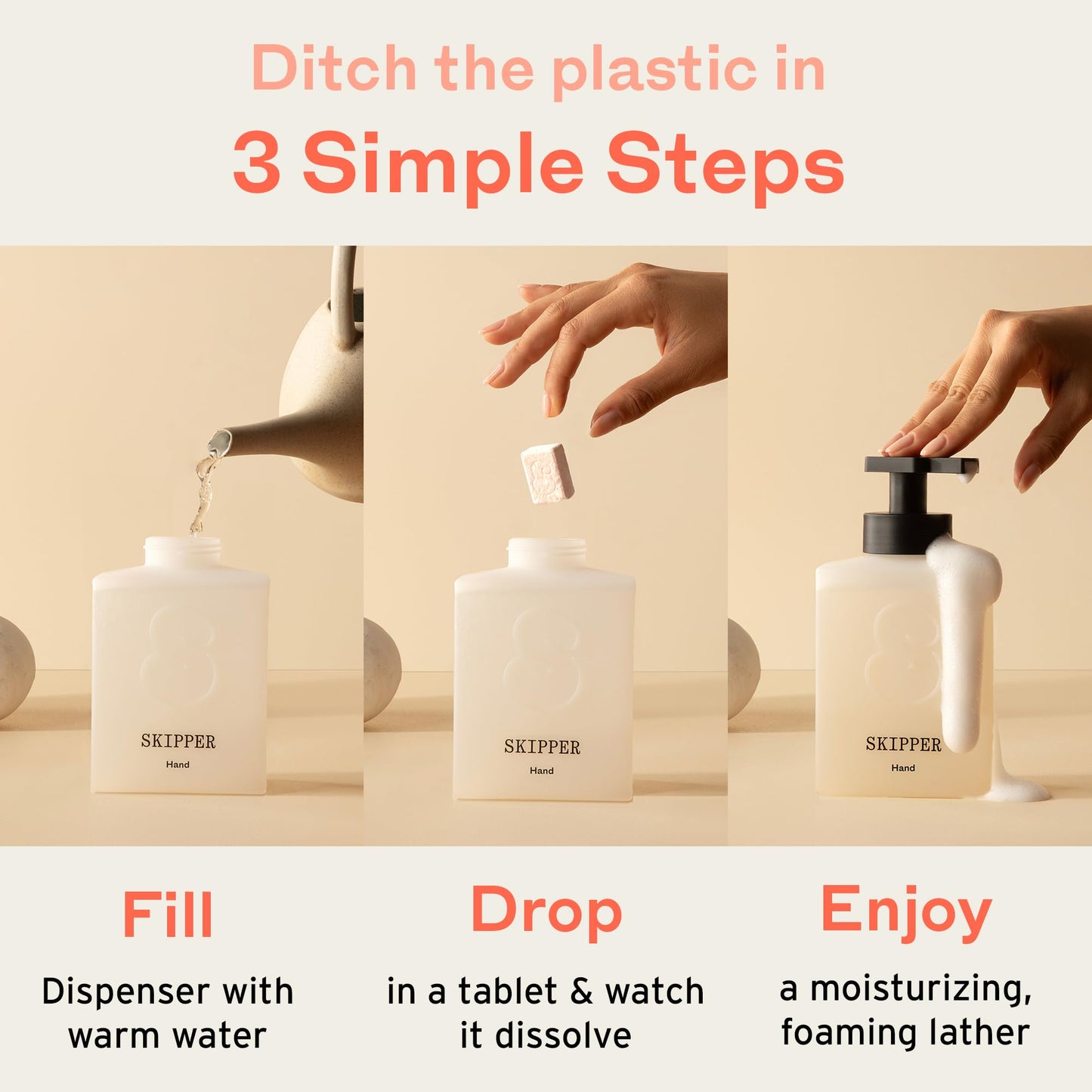 Tirtyl Skipper Foaming Hand Wash Duo Kit - 2 Recycled Plastic Refillable Dispensers + 6 Tablet Refills (6x 8 fl oz Bottles of Soap) + 1 Storage Tin - Variety Fragrances - Cleansing and Moisturizing