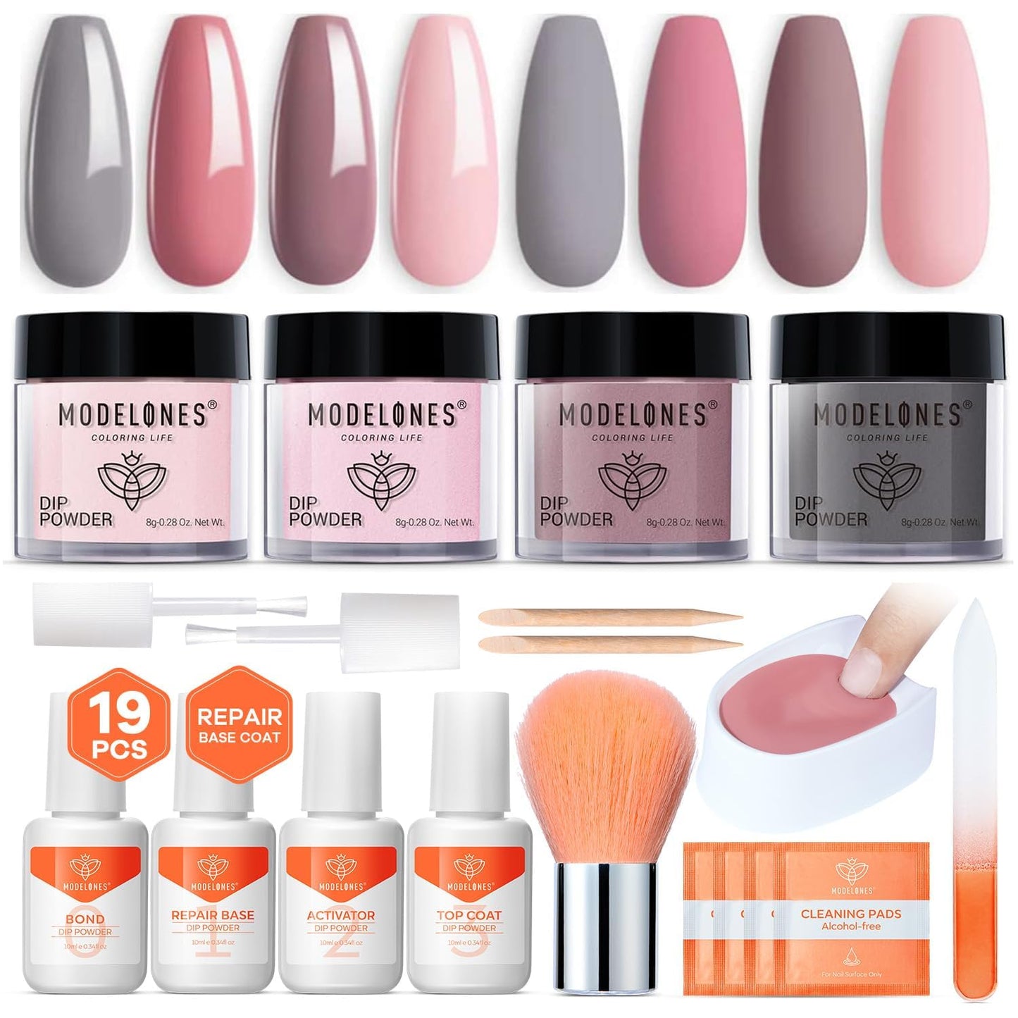 Modelones Dip Powder Nail Kit - 4 Color Grey Pink Dipping Set | Complete Accessories for DIY French Nail Art