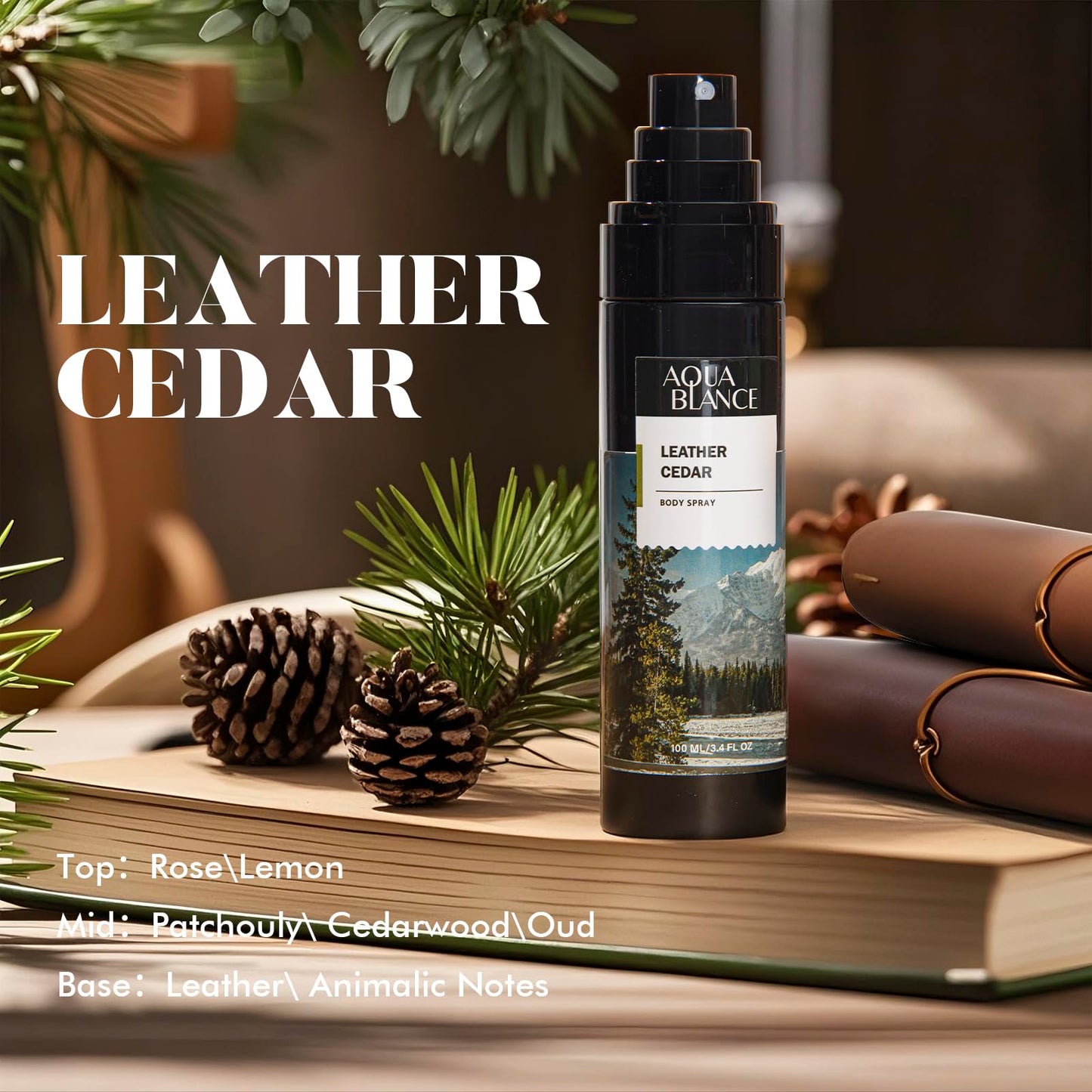 AQUA BLANCE Body Spray for Men, Mens Body Refreshing Spray, Long Lasting, Pack of 3, Each 3.4 Fl Oz, Total 10.2 Fl Oz, Notes of Bergamot, Patchouli, Cedar, Leather