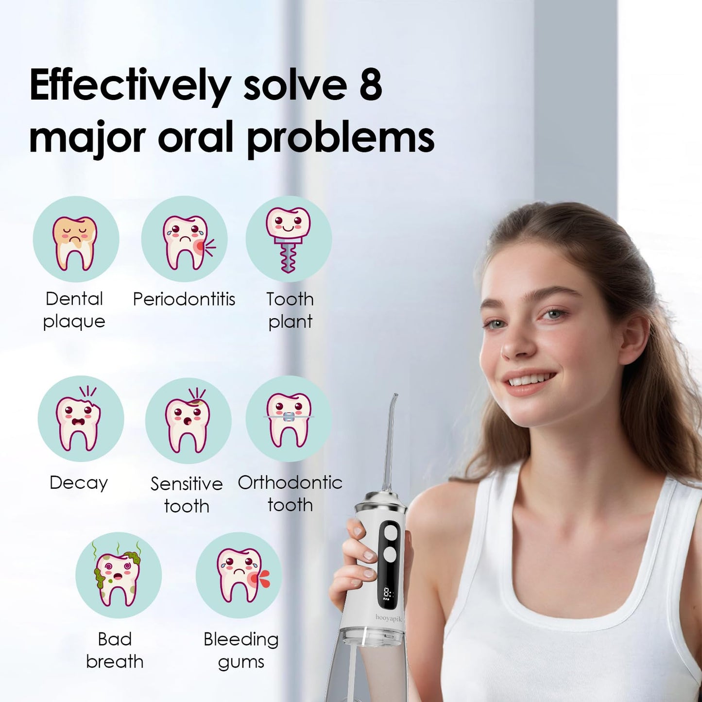 Hooyapik 300ml Water Flosser, 9+9 Modes, 4 Jet Tips, White (D0051)